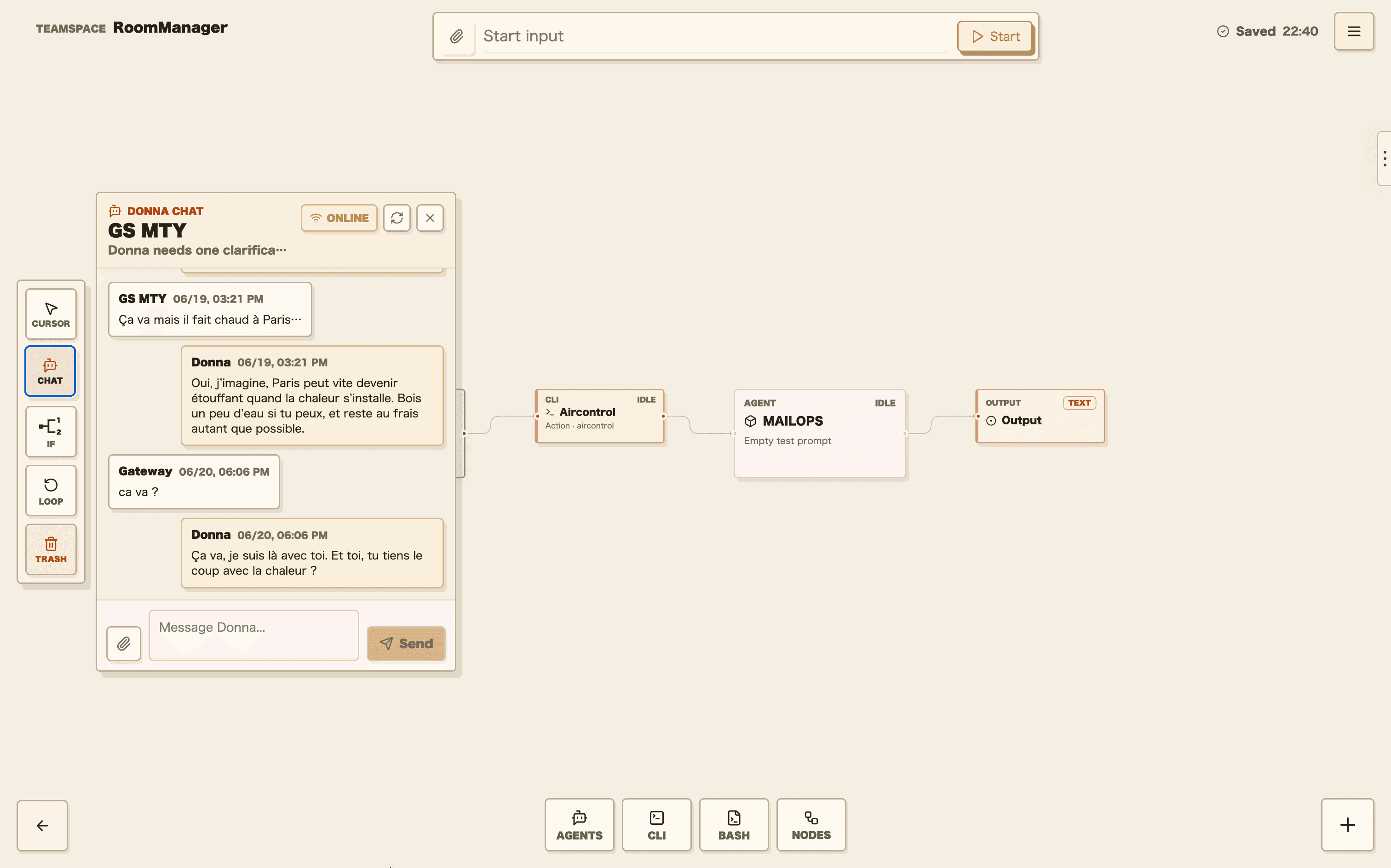 Baray current Teamspace canvas with the orchestrator chat panel open